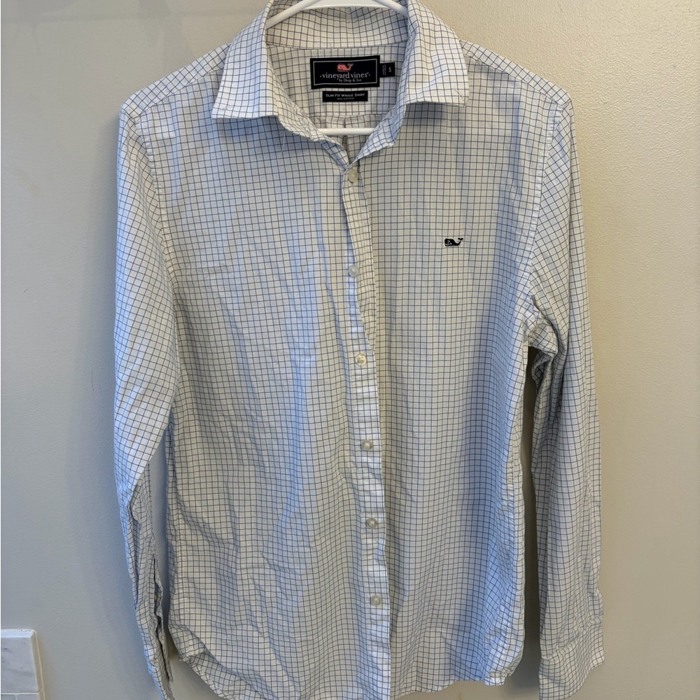 Vineyard Vines Men's Blue Checkered blue white Shirt small slim fit whale shirt
